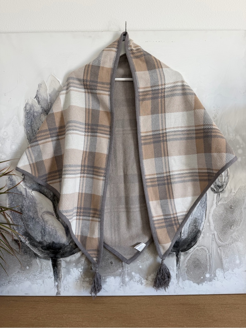 Charter Club Plaid Tassel Cape in Beige, Cream & Gray